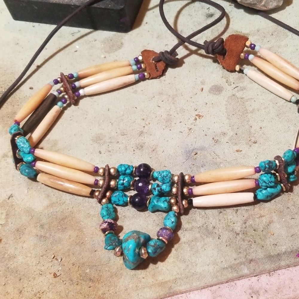 Native American bone and turquoise amethyst choker